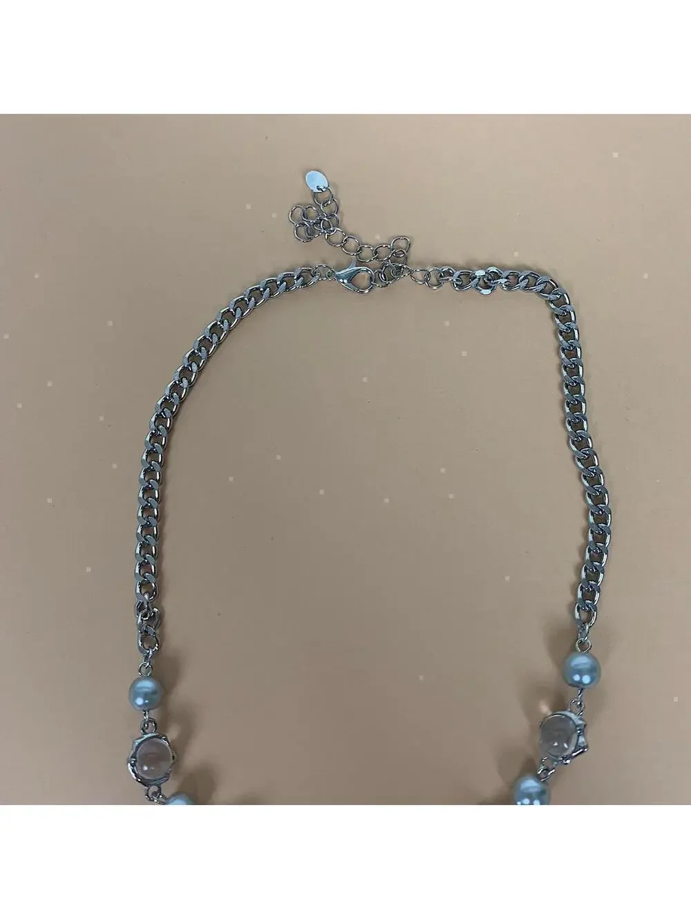 Cyber y2k grunge silver and beaded futuristic glass opal pendant necklace. Cuban
